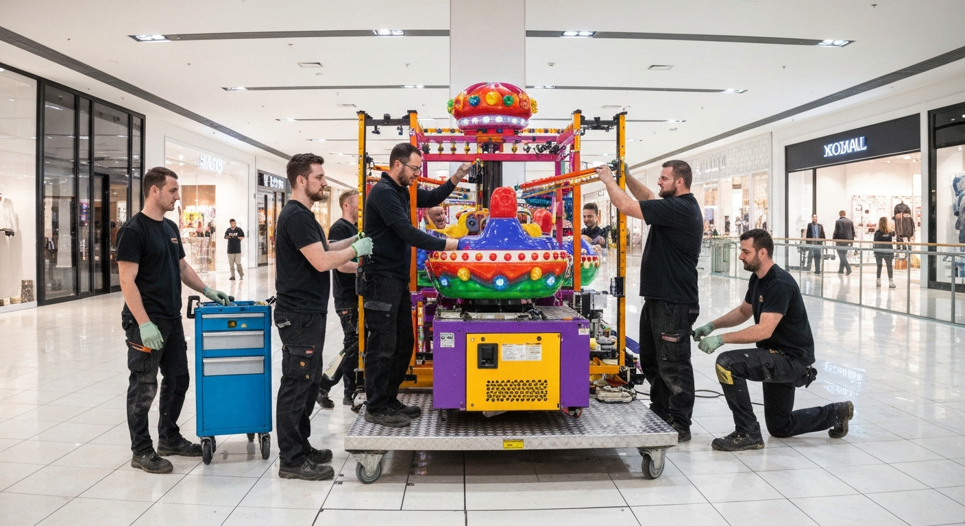 Installation professionnelle d'un manège automatique dans un centre commercial, illustrant les coûts d'investissement nécessaires