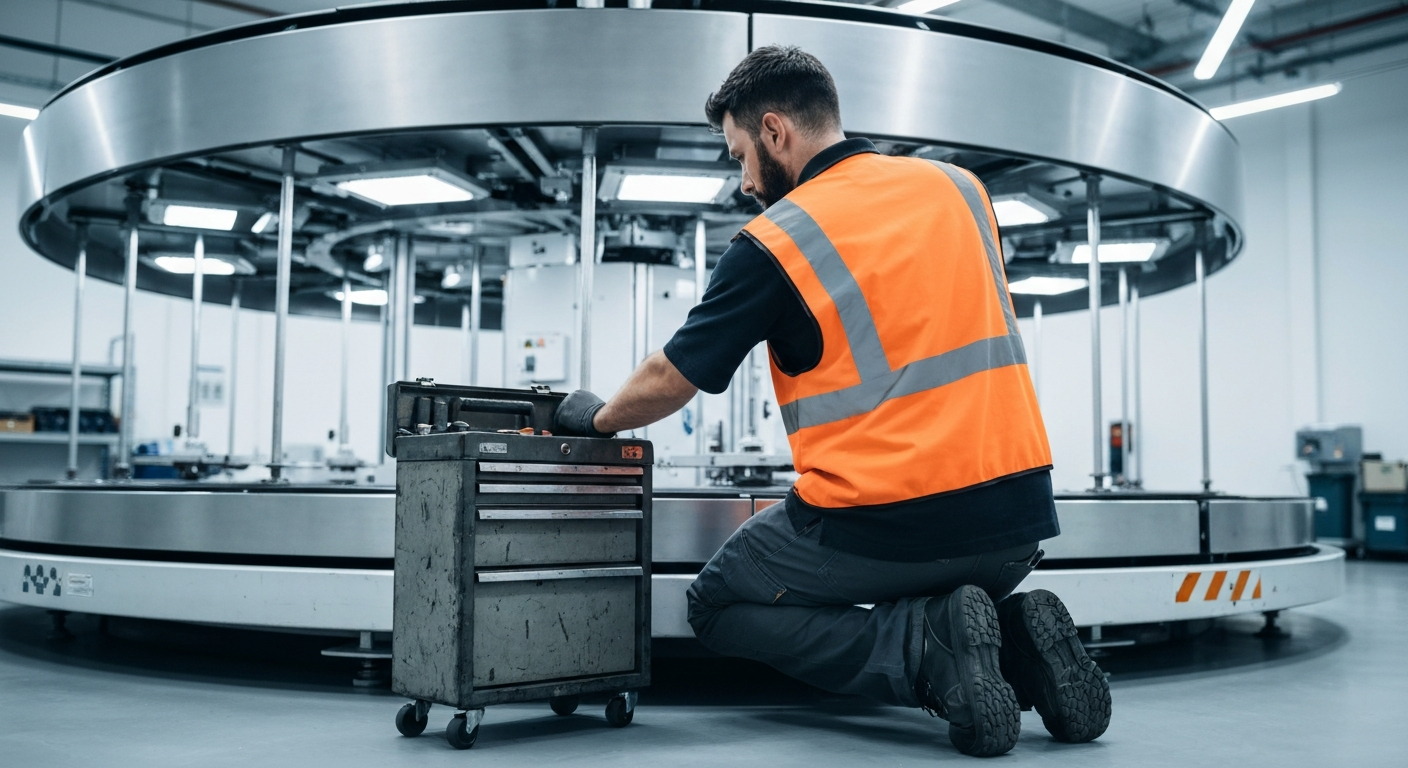 Technicien effectuant la maintenance d'un manège enfant professionnel avec équipements de sécurité et outils spécialisés