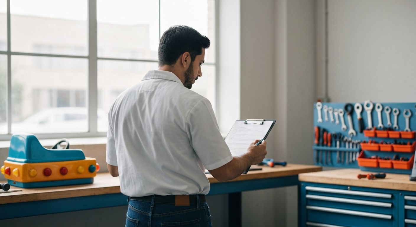 Technicien effectuant la maintenance quotidienne d'un kiddie ride coin-operated, contrôle des éléments de sécurité et inspection visuelle