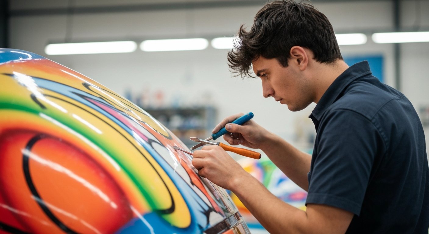 Réparation de la coque en fibre de verre d'un kiddie ride coin-operated, entretien de la structure et restauration de la peinture décorative