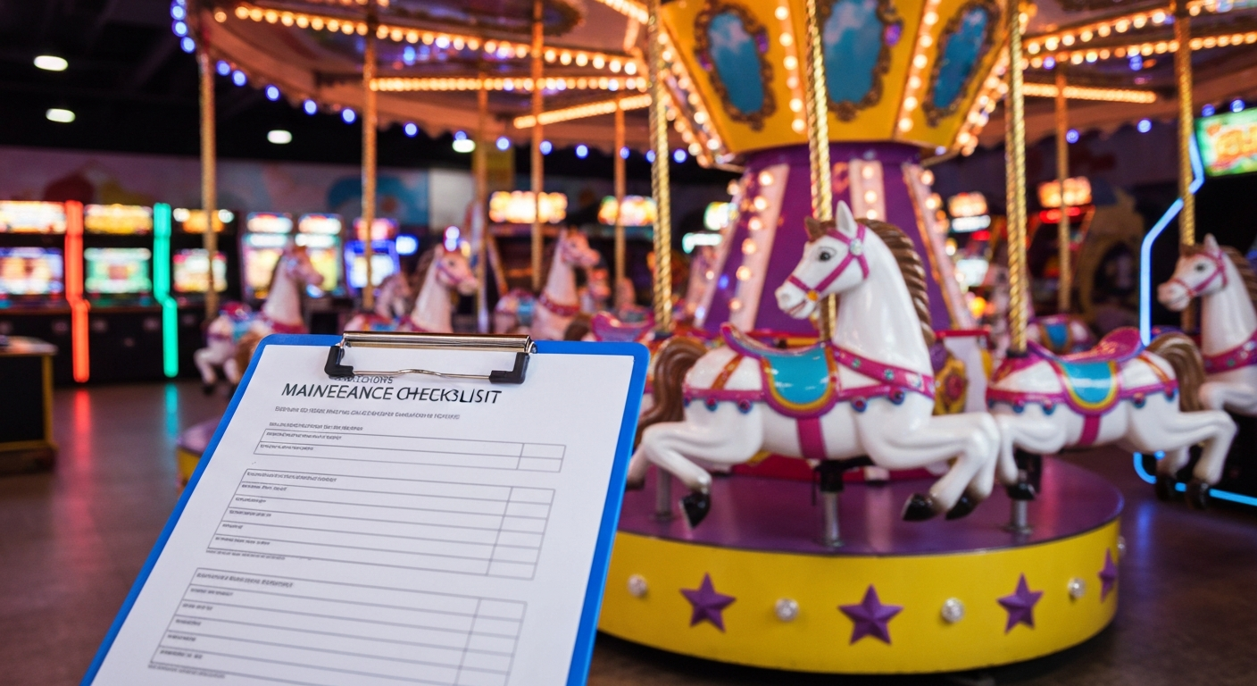 Daily inspection checklist and protocols for coin-operated ride maintenance showing professional documentation standards