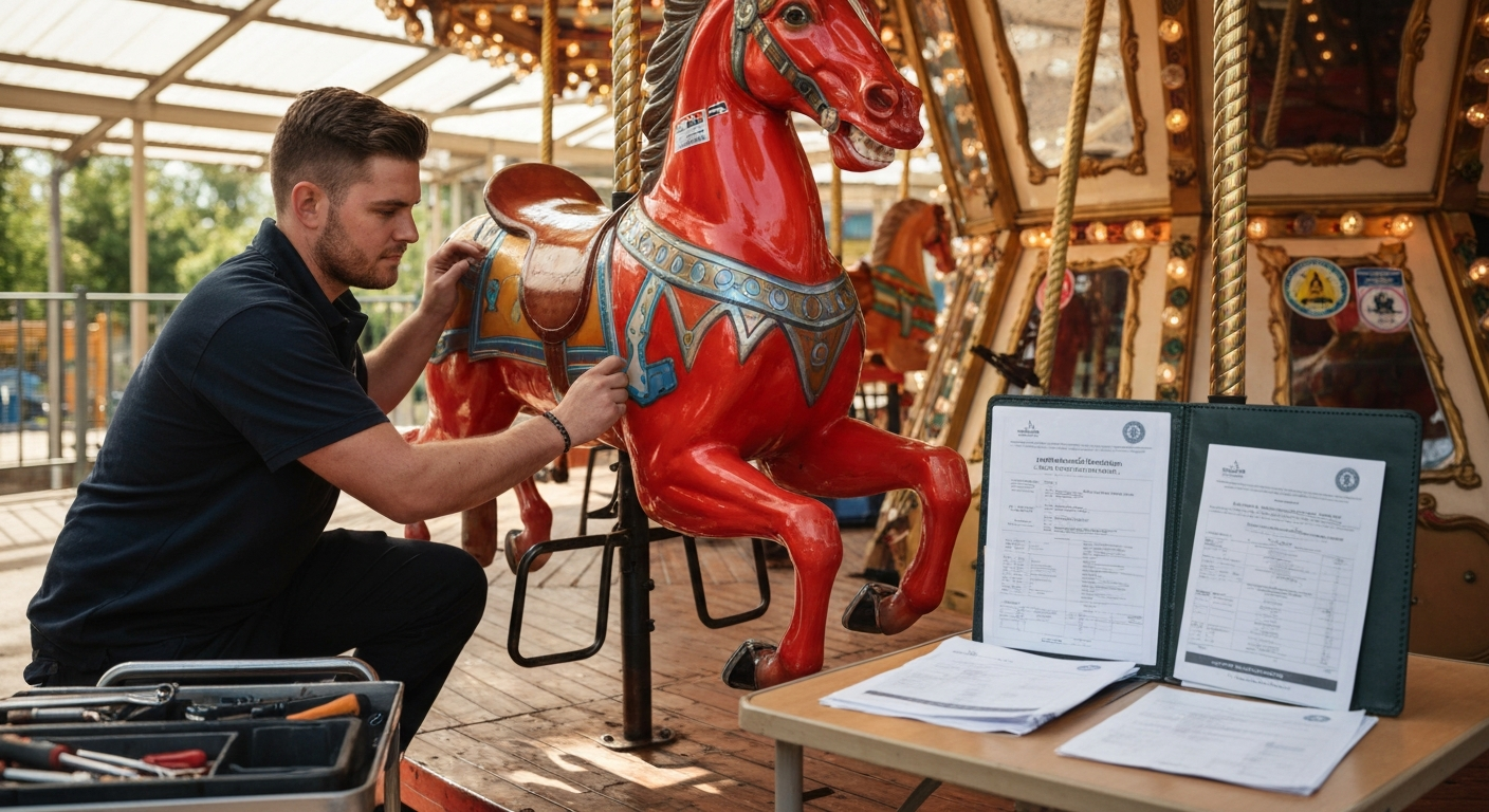 Seasonal maintenance and annual inspection procedures for coin-operated ride showing comprehensive maintenance guide compliance
