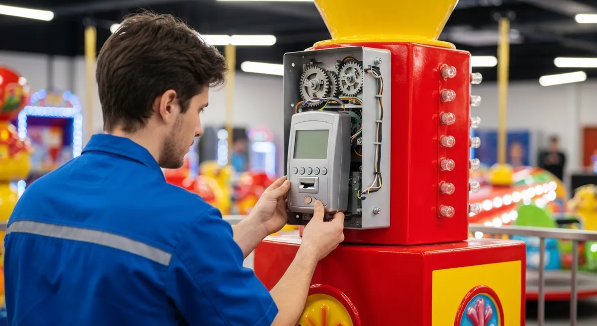 Technicien installant un monnayeur sur un manège automatique enfant, représentant les coûts annexes à prévoir dans le budget