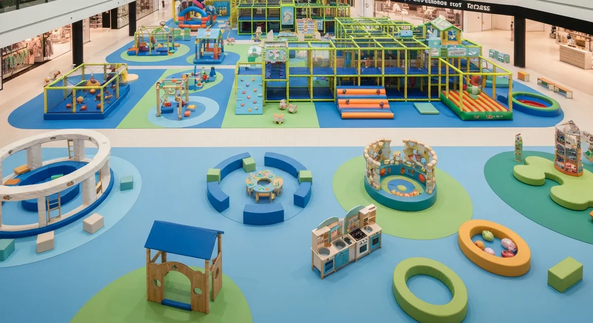 Vue d'ensemble d'un espace de jeux enfants organisé par tranche d'âge dans un centre commercial pour choisir les bonnes attractions