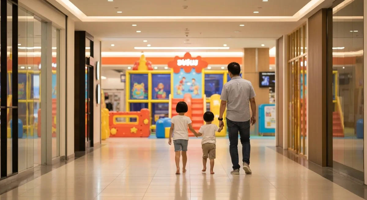 Famille vue de dos se dirigeant vers un espace enfants dans un centre commercial, illustration du trafic famille en galerie marchande