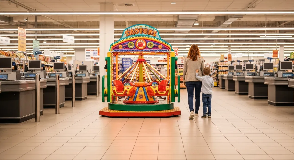 Critères d'un emplacement rentable pour un manège à pièces près d'une caisse de supermarché avec forte visibilité