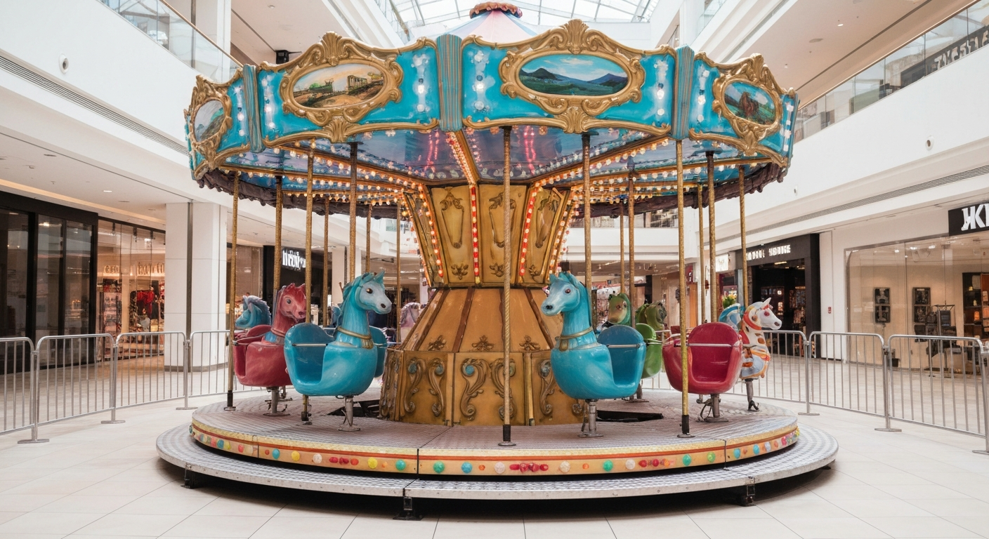 Manège automatique moderne installé dans un centre commercial, illustrant l'expertise en distribution d'équipements de loisirs pour espaces commerciaux