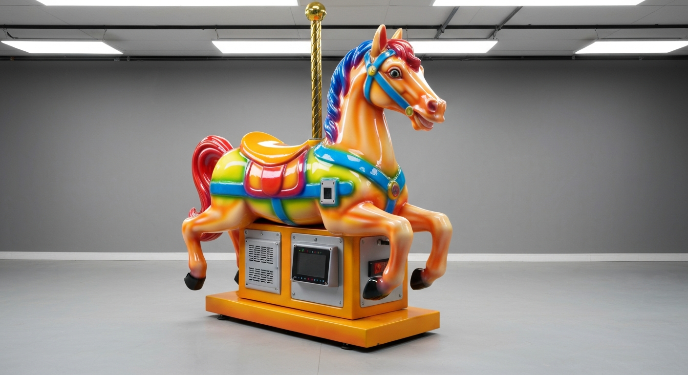 Modern fiberglass kiddie ride with electronic payment system in professional warehouse